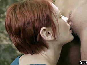 Redhead researcher gets big tits sucked by brunette woman outdoors