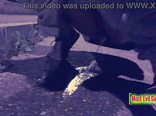 girl wanders alone in the parking lot at night, lowers her pants to relieve herself in public for a sex tape