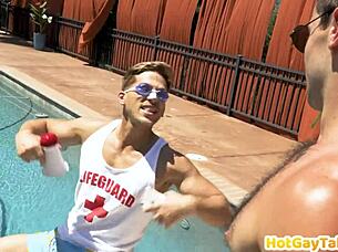 Tattooed jock rims and fucks hairy boyfriend after pool!