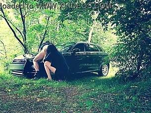 Prostitute cleans ass outdoors with rimjob