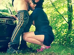 Prostitute cleans ass outdoors with rimjob