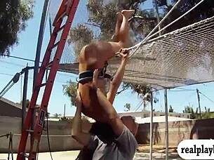 Lovely badass babes feel ecstatic swinging naked outdoors