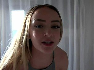 blonde maria kazi sucks cock then rides hard in pov creampie