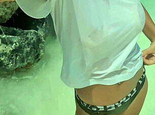 extreme slut plays with wet pussy and ass outdoors, teasing amateurs