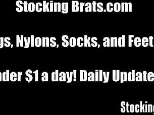 Three girls playing in stockings with feet and licking