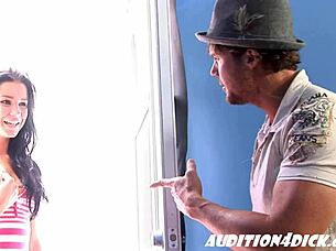 in this casting, petite brunette teen gives blowjob and gets facial.