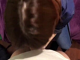 redhead latina amateur makes her boyfriend cum in mouth with pov blowjob and friend watching