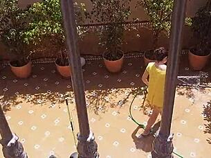 My hot neighbor pees on sexy landlord's wife from balcony voyeur