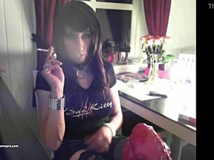 Goth Transsexual Horny And Stroking Her Big Cock While Smoking On Webcam