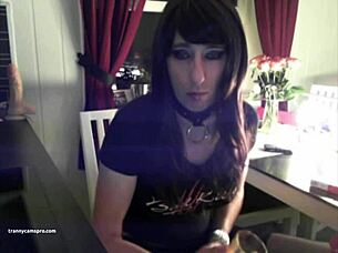 Goth Transsexual Horny And Stroking Her Big Cock While Smoking On Webcam