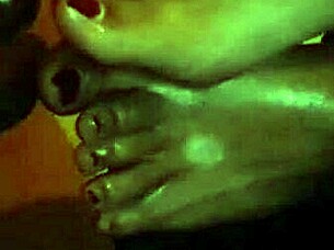 huge cumshot lands on feet, what a fetish delight!