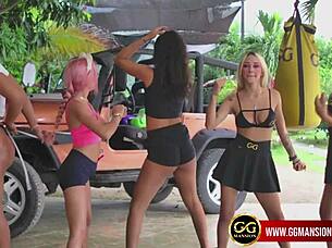 Beautiful brunette girls show off their asses in lesbian play!