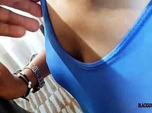 Slim ebony girl gives blowjob to old man with natural tits