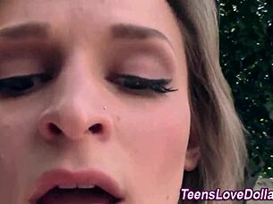 In a high-definition outdoor scene, a teen amateur performs oral in public.