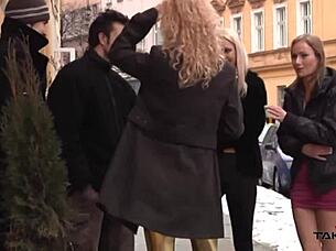 Three sexy chicks need hot dick in freezing Prague. Outdoor cumshot fun.