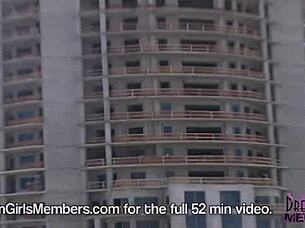 Cute 18-year-old blonde plays with her big natural breasts in public