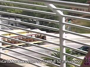 Cute 18-year-old blonde plays with her big natural breasts in public