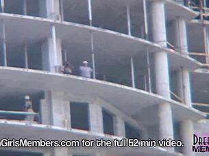 Cute 18-year-old blonde plays with her big natural breasts in public