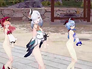 rough shenhe dominates ganyu and yanfei in genshin mmd