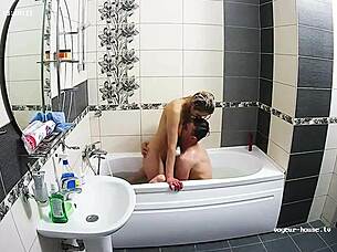 hot couple has hardcore action at bathroom sucking riding sex kissing horny doggystyle fucking bent over