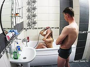 hot couple has hardcore action at bathroom sucking riding sex kissing horny doggystyle fucking bent over