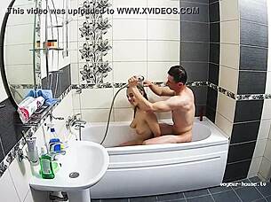 hot couple has hardcore action at bathroom sucking riding sex kissing horny doggystyle fucking bent over