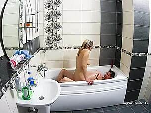 hot couple has hardcore action at bathroom sucking riding sex kissing horny doggystyle fucking bent over