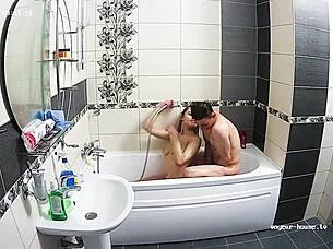 hot couple has hardcore action at bathroom sucking riding sex kissing horny doggystyle fucking bent over