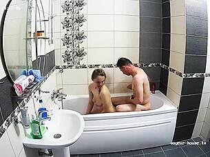 hot couple has hardcore action at bathroom sucking riding sex kissing horny doggystyle fucking bent over