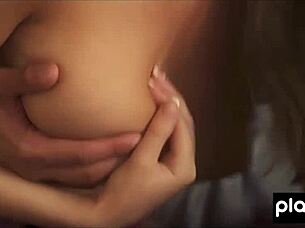 The busty Russian babe uses toys then gets fucked by her Latin lover