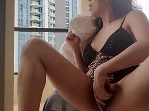 i'm strippin on the hotel balcony, masturbatin as a sexy ladyboy