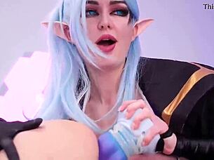 Ahri and Vayne play with a fake male body and huge toys in costumes.