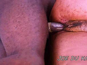 at the pool, ebony couple enjoys cum on brunette's big ass