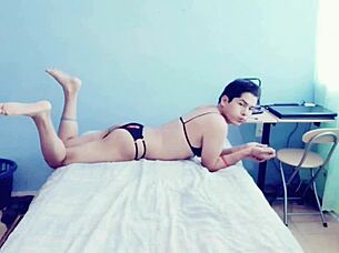 Hot Young Gay Guy In Crossdressing Touching Himself In His Room