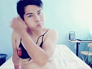 Hot Young Gay Guy In Crossdressing Touching Himself In His Room