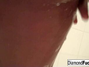 diamond's getting all wet and wild in the shower, playing with herself