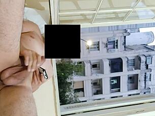flashing cock at open window for neighbors