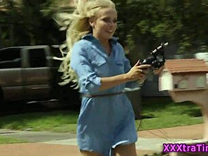 Cum-faced teen 18+ gets banged outdoors with big cock in group facial.