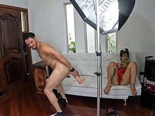 behind the cameras, young latina teen gives dirty blowjob in lingerie