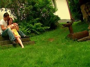 amateur redhead couple fucking outdoors in garden