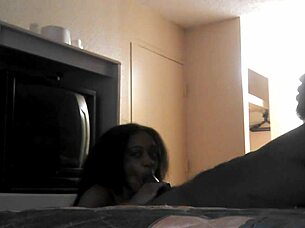 Watch This Ebony Babe Sucking That Monster Cock In The Oiled Hotel Room!