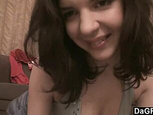 Passionate striptease by my tattooed skinny girlfriend on the sofa