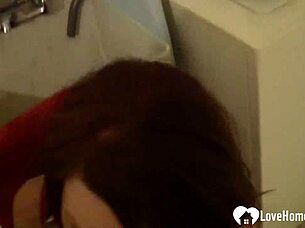 Girlfriend with glasses sucks raging boner