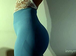 Young Girl In Blue Leggings Teases With Natural Tits And Cameltoe
