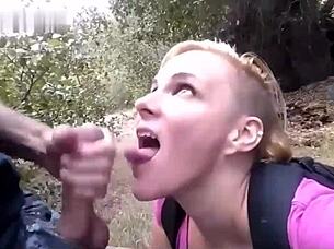 Blonde Sucks Big Cock Deepthroat in Public Park
