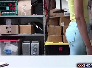 Short haired shoplifter caught in interracial fuck