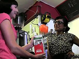 Black Haired Lesbian Gets Pussy Licked In Cafe?