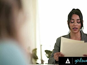 Busty Kayley Gunner sits on face and fingers sexy lawyer Vanessa Sky's wet pussy hard