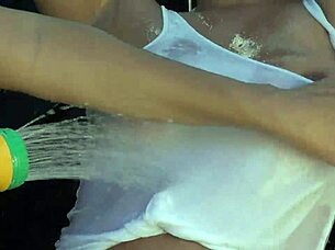 Neighbor spies on tattooed brunettes washing car in garage