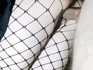 slender girlfriend in skirt and stockings fucked standing in tight pussy and cum inside her -calientepwnz